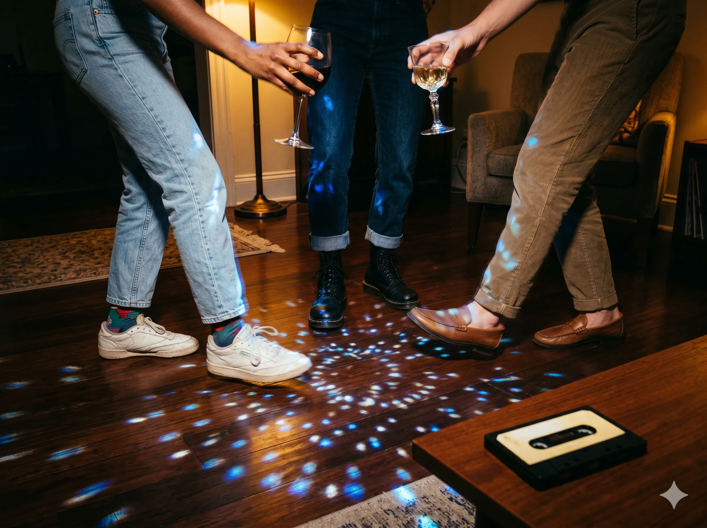 Friends dancing while playing the music quiz